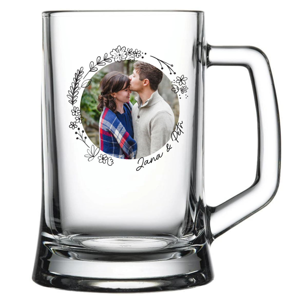 Personalizovaná pivní sklenice s květinovým ohraničením