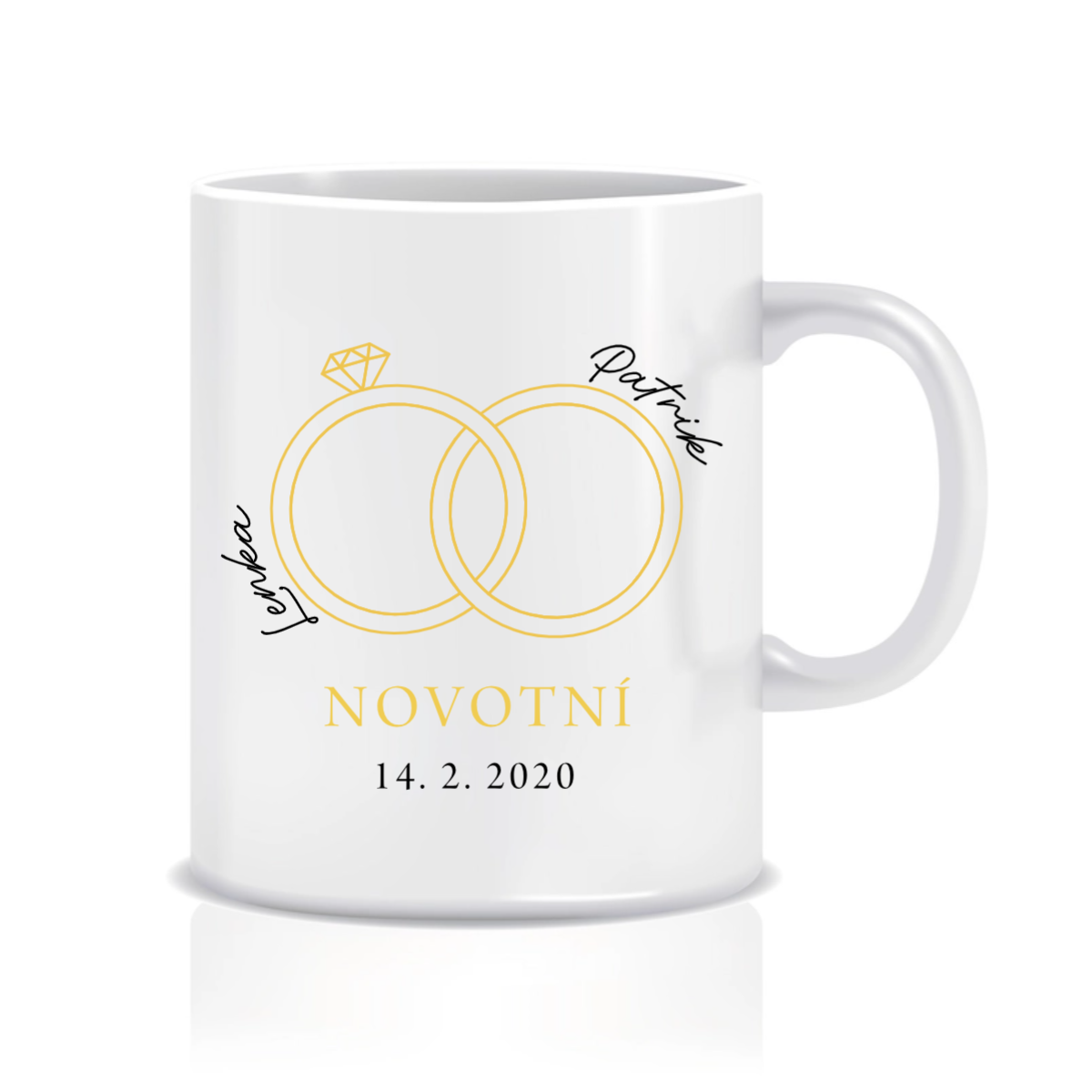 Personalizovaný klasický bílý keramický hrníček 300 ml - prstýnky a datum