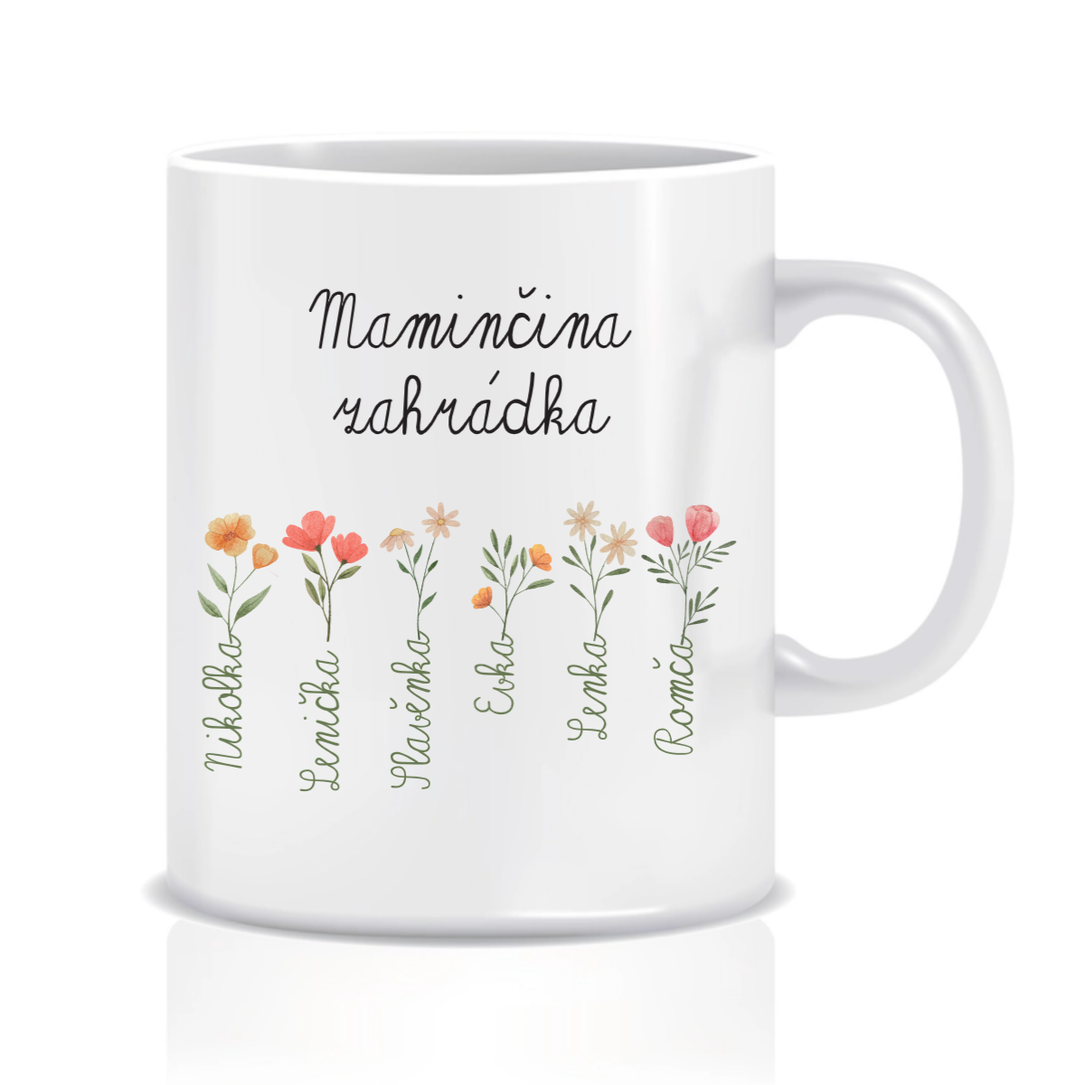 Personalizovaný klasický bílý keramický hrníček 300 ml - maminčina zahrádka