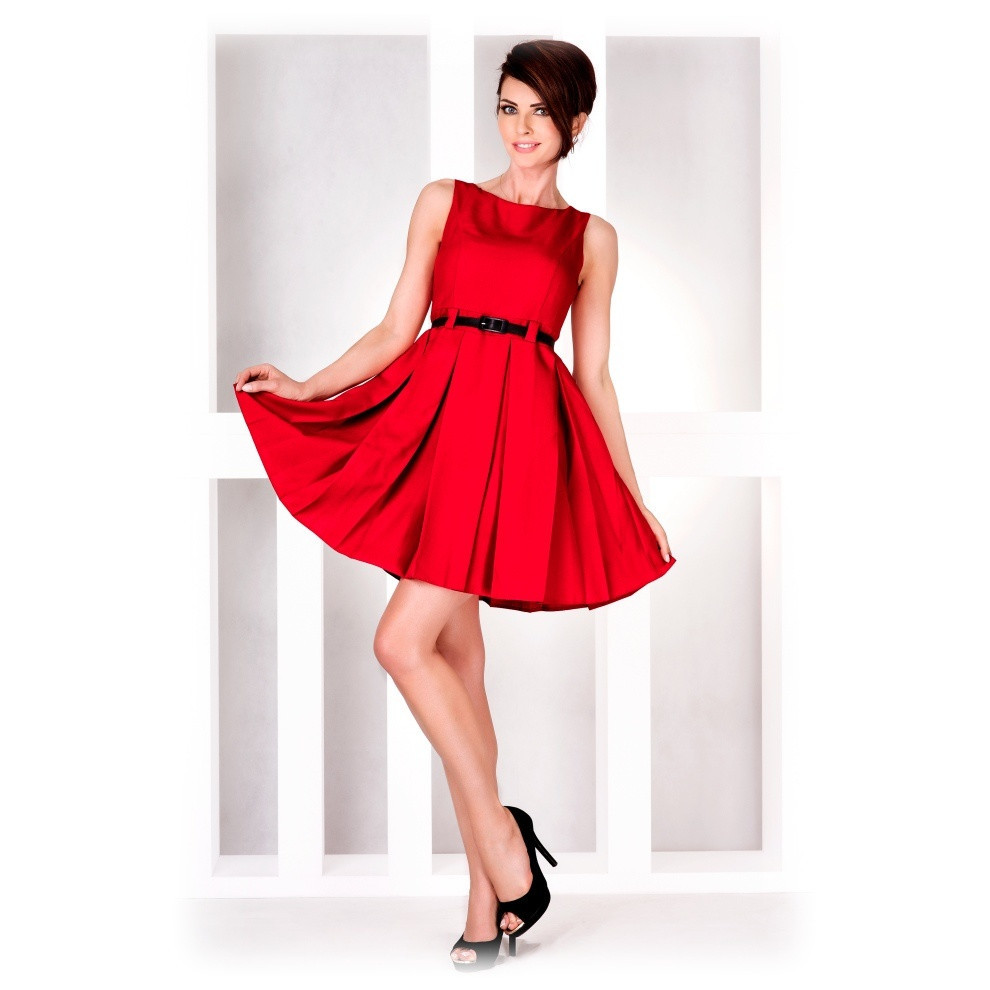 Dámské společenské šaty FOLD se sklady a páskem středně dlouhé červené - Červená - Numoco červená XL