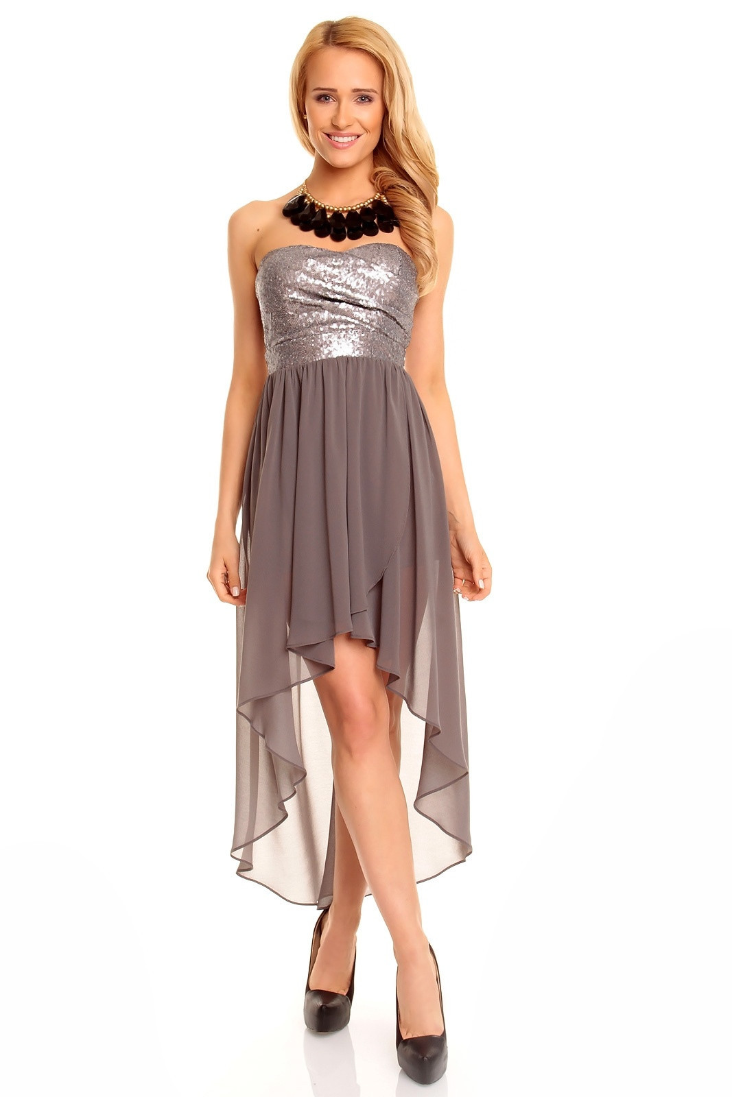 Dámské společenské šaty model 15042379 s asymetrickou sukní šedé Šedá - Mayaadi Velikost: L