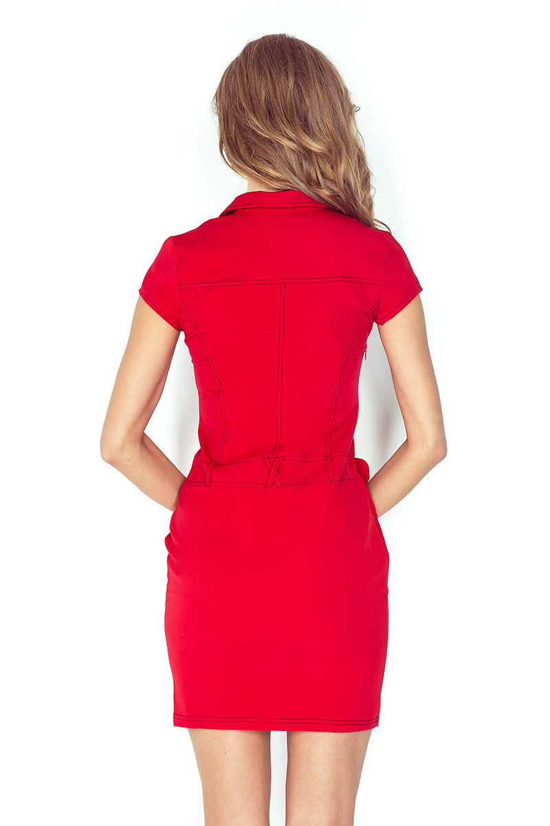Dámské šaty elegantní značkové s páskem a krátkým rukávem červené - Červená - Numoco červená XS