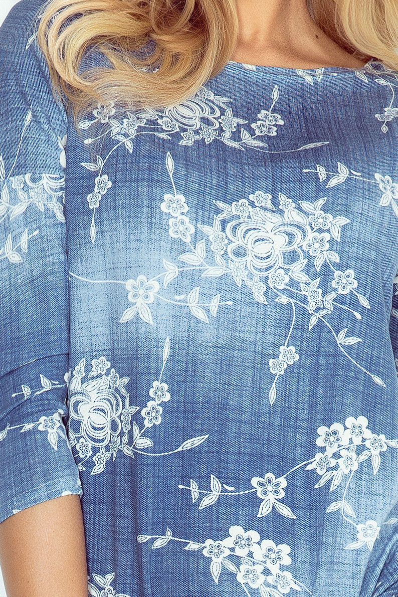 Dámské sportovní šaty netopýří střih na zavazování s kapsami džínový motiv modré - Modrá - Numoco džínově modrá XS