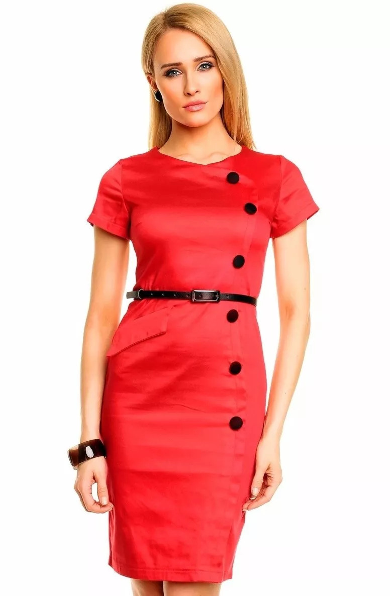 Levně Společenské a casual šaty MAYAADI zdobené knoflíky a páskem červená XL