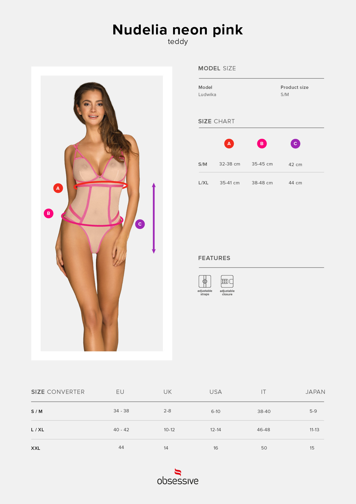 Elegantní body model 15537101 teddy neon pink - Obsessive Velikost: L/XL, Barvy: růžova