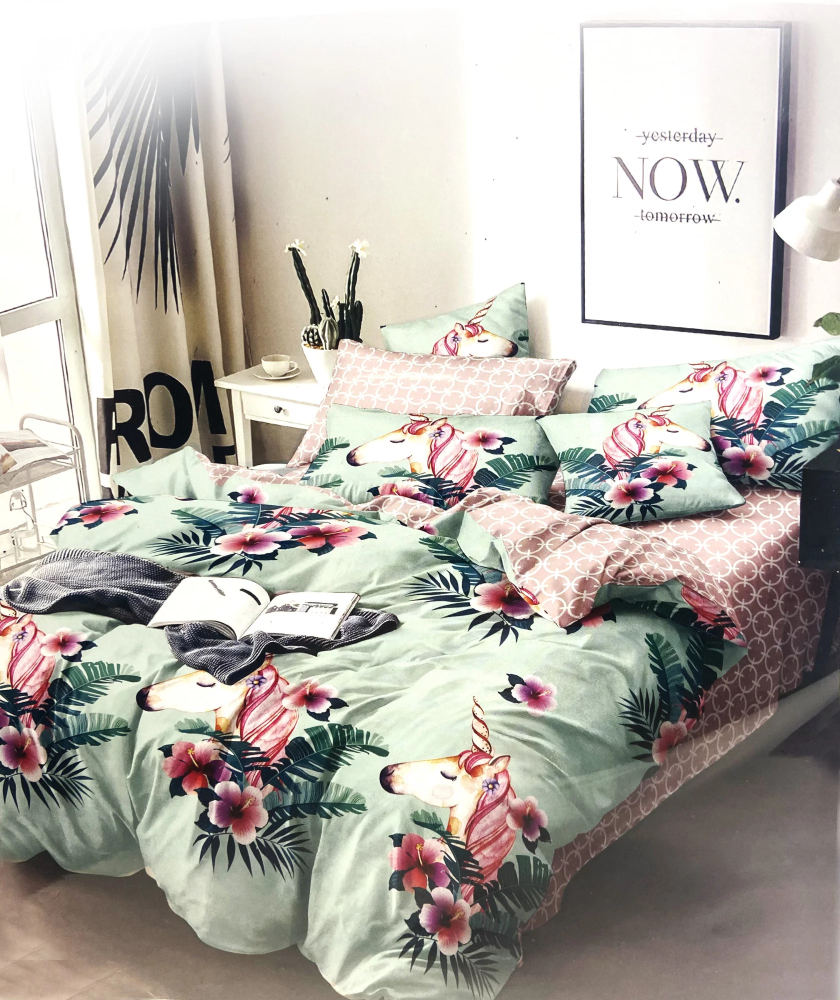 Sada povlečení listy Jednorožec 914371 / 160/200 - Moon Milano zelená/růžová one size