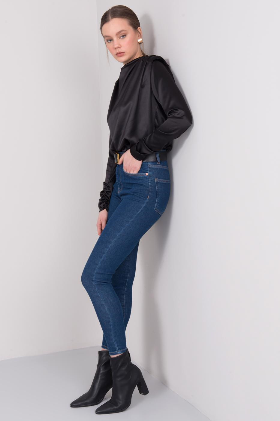 Tmavě modré džínové kalhoty s vysokým pasem model 17011716 BSL L džíny - FPrice