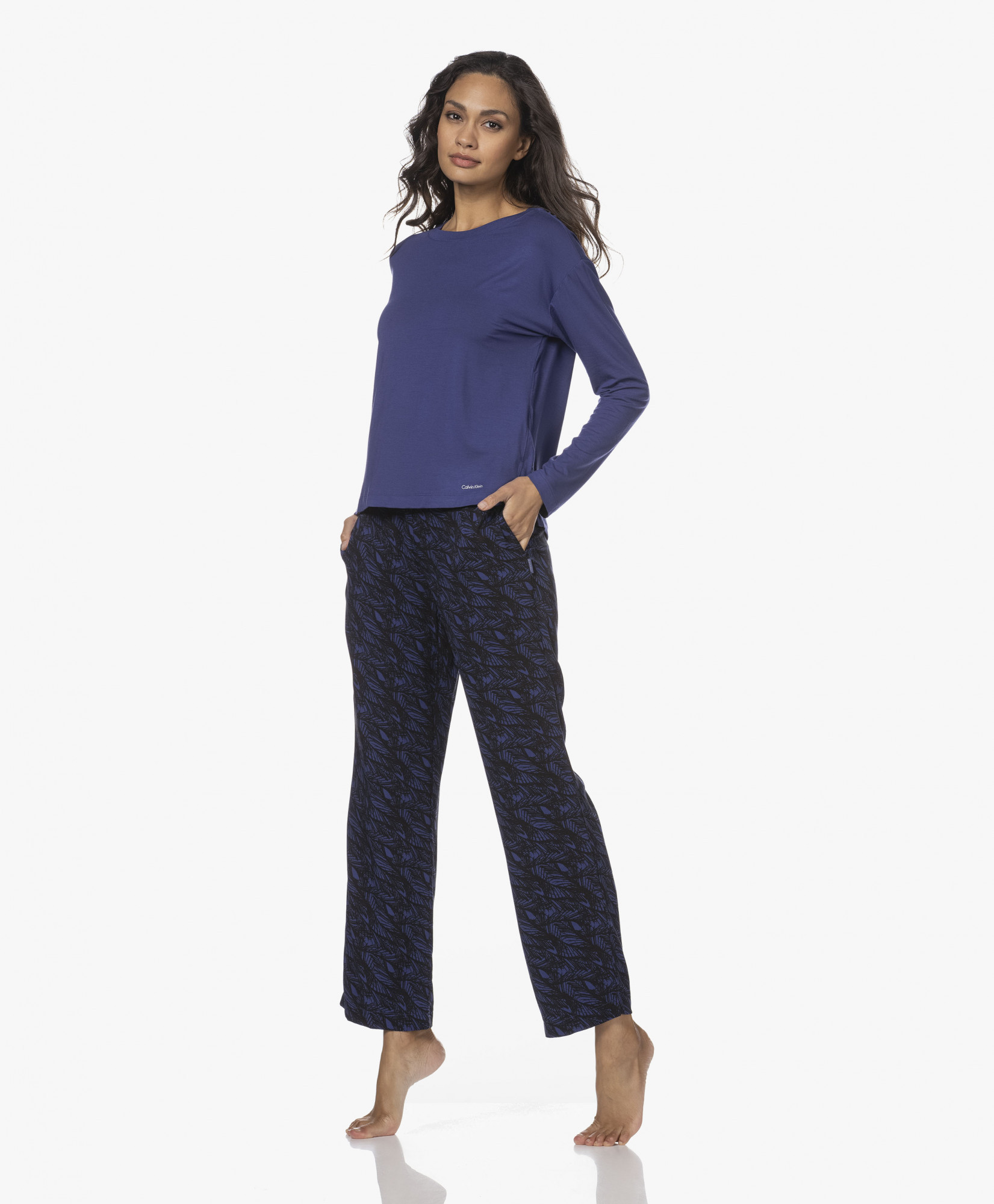 Dámské pyžamové kalhoty QS6028E VFR - modročerná - Calvin Klein S modrá - černá
