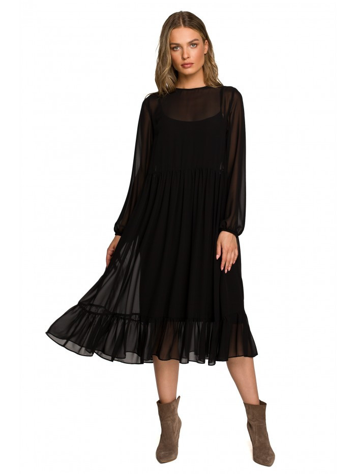 Šifonové šaty s volánem černé model 18140445 černá M - STYLOVE