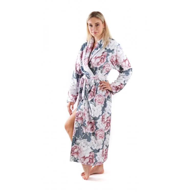 Dámsky župan Aisha 2126 0012 Tmavo šedý s kvetmi pivónie - Vestis M šedá pivońky