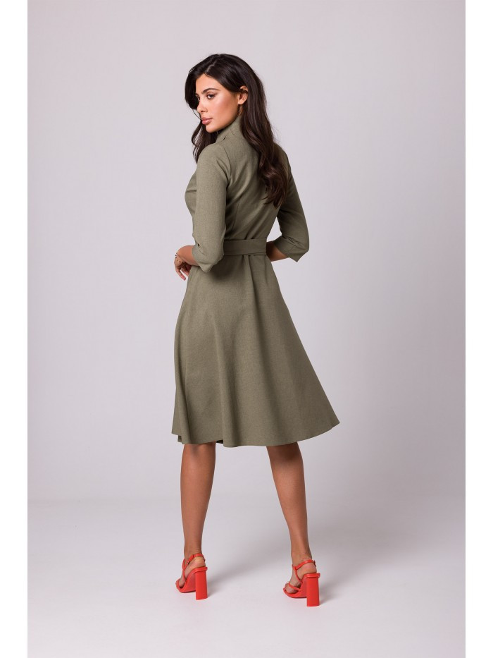 Dámské zavinovací šaty s šálovým límcem B255 olivové - BEwear S