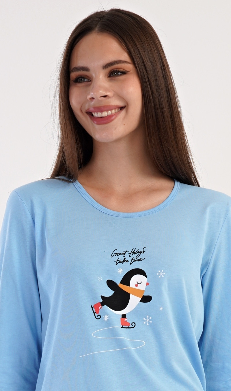 Dámské pyžamo dlouhé Tučňák na ledě modré - Vienetta S