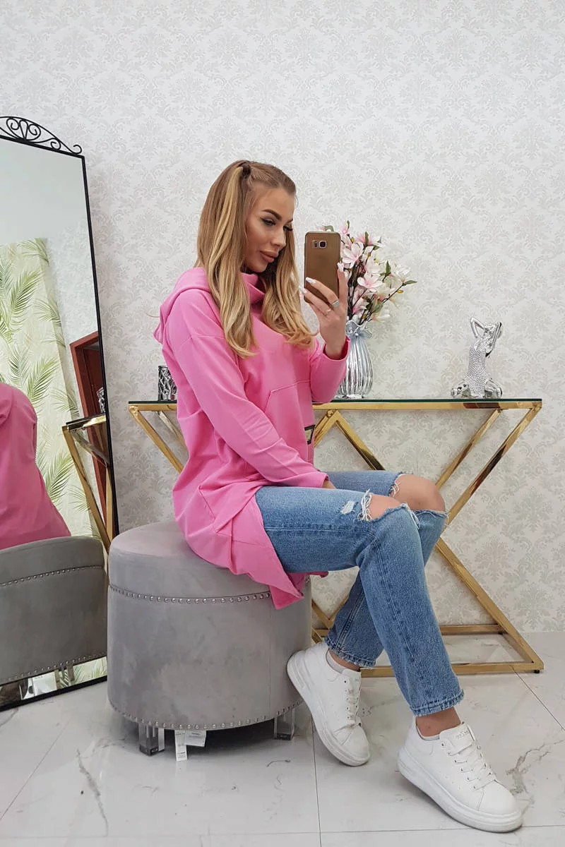 Dámská prodloužená mikina s kapucí 9116 Růžová - K-Fashion UNI růžová (obrázek 3)