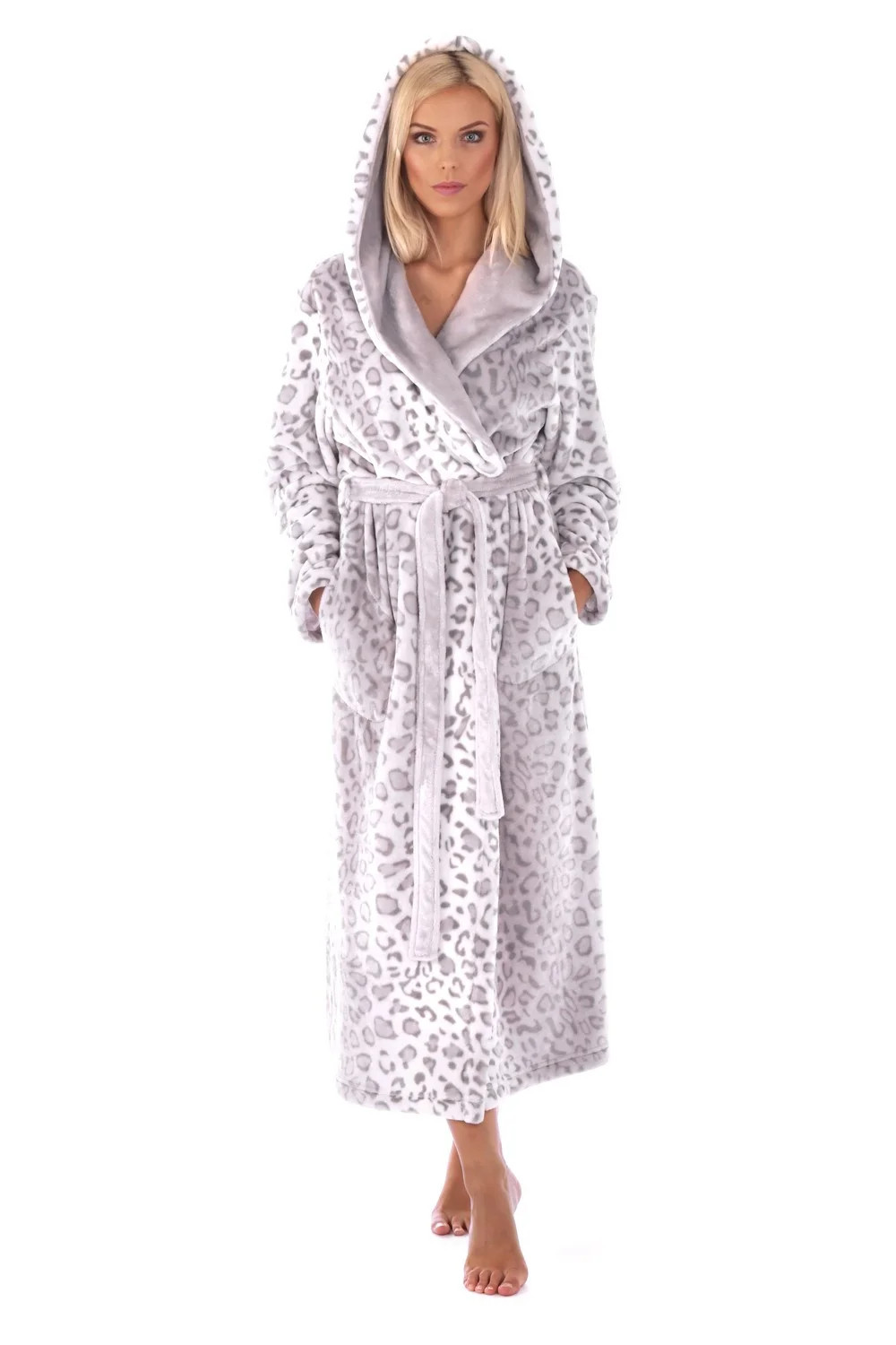 Dámsky župan 3956 irbis s kapucňou so vzorom - Vestis XL šedo-bílá