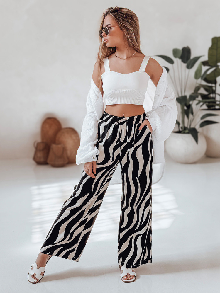 Dámske pruhované nohavice so širokými nohavicami ZEBRAVIBE UY2653 béžovo-čierne – FashionStreet XL