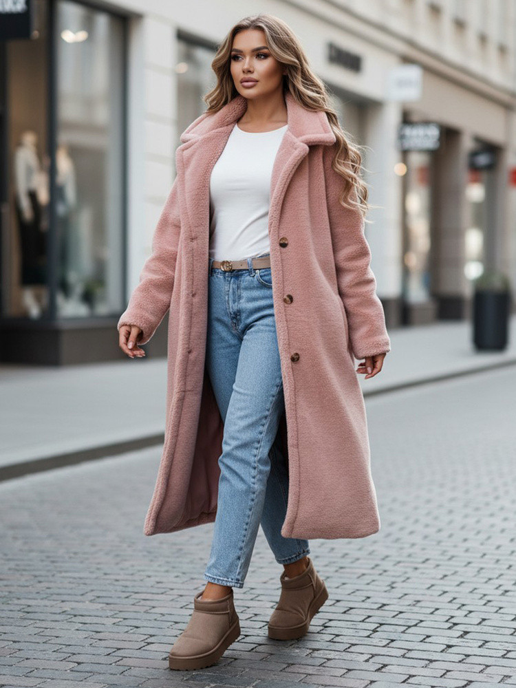 Dámský zimní kabát chlupáč dlouhý NY0751z růžový - FashionStreet S