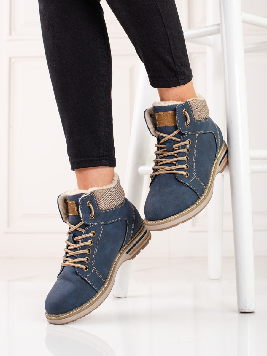Designové kotníčkové boty modré dámské na plochém podpatku 37