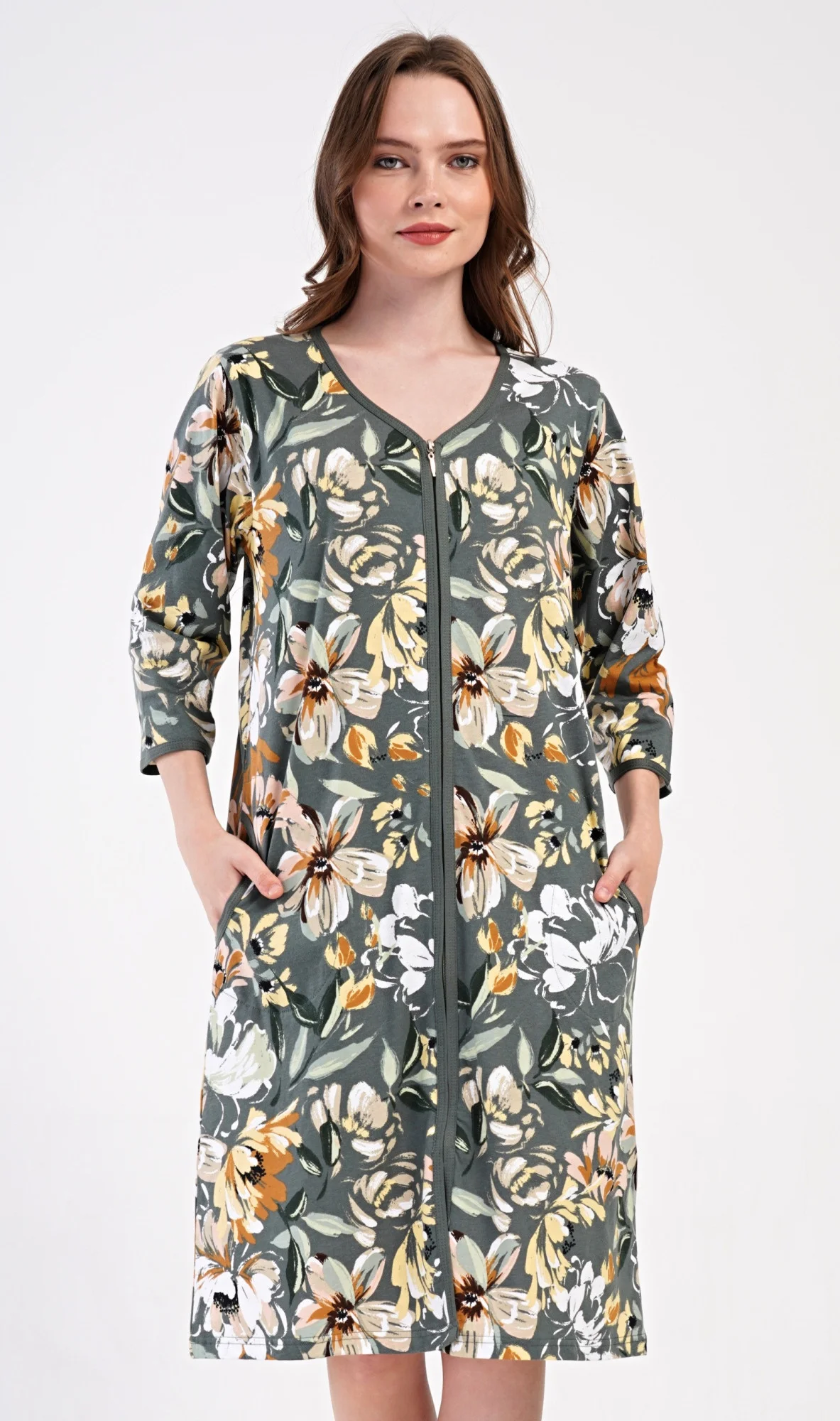 Dámske domáce šaty s trojštvrťovými rukávmi Marie khaki 1XL