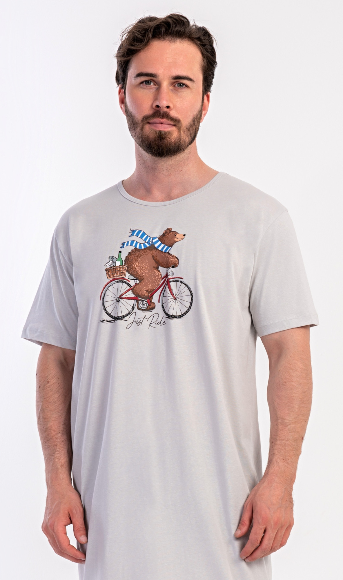 Pánska nočná košeľa s krátkym rukávom Medveď na bicykli šedá XL