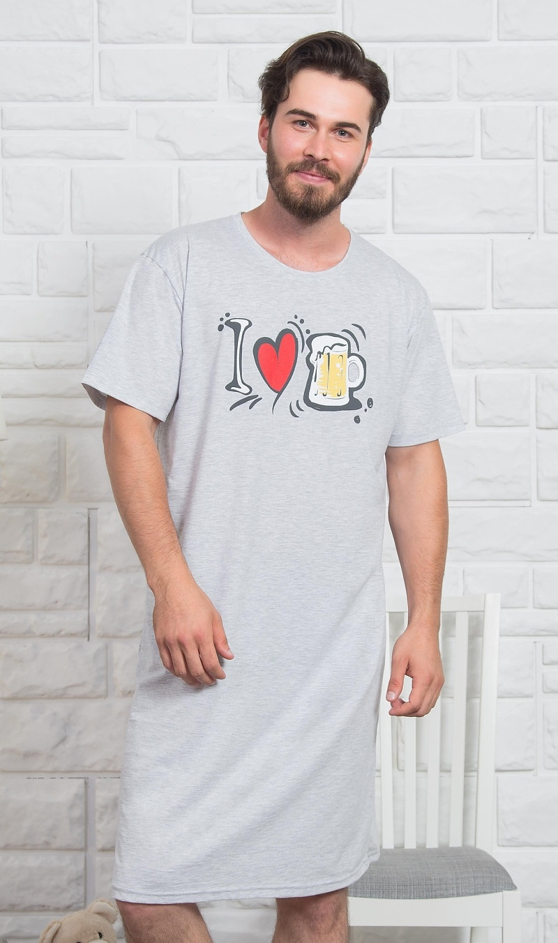 Pánská noční košile s krátkým rukávem I love beer světle šedá M