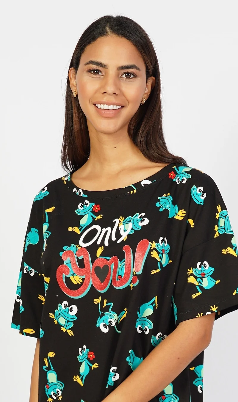 Dámska nočná košeľa s krátkym rukávom Žaba černá S