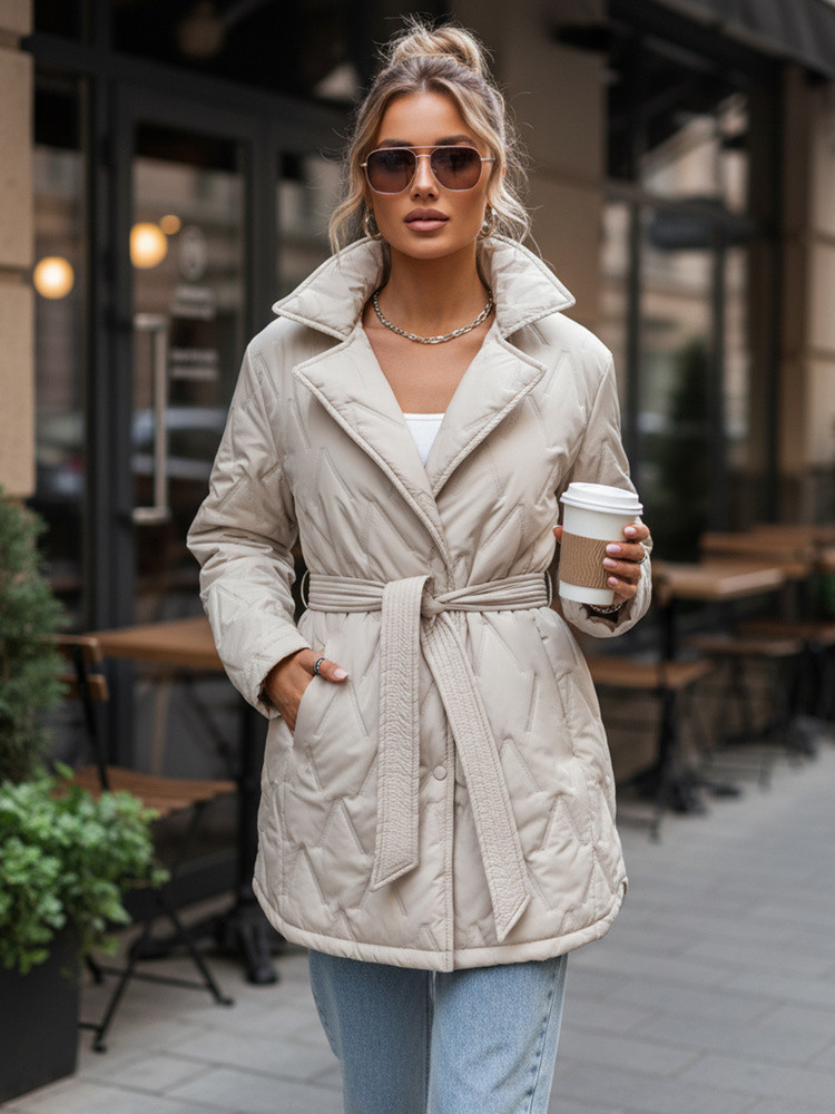 Dámska prechodná bunda s opaskom svetlo béžová FashionStreet TY5587 XXL