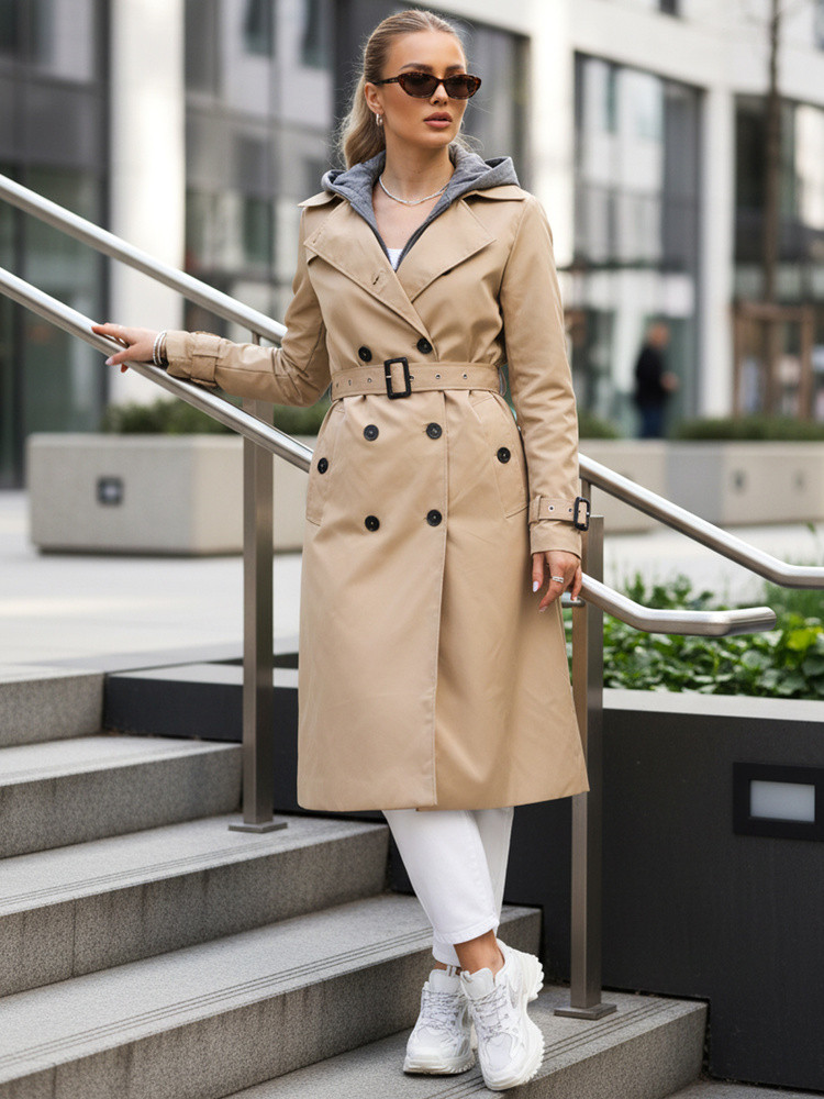 Dámsky dvojradový kabát s kapucňou FashionStreet camel TY5656 M