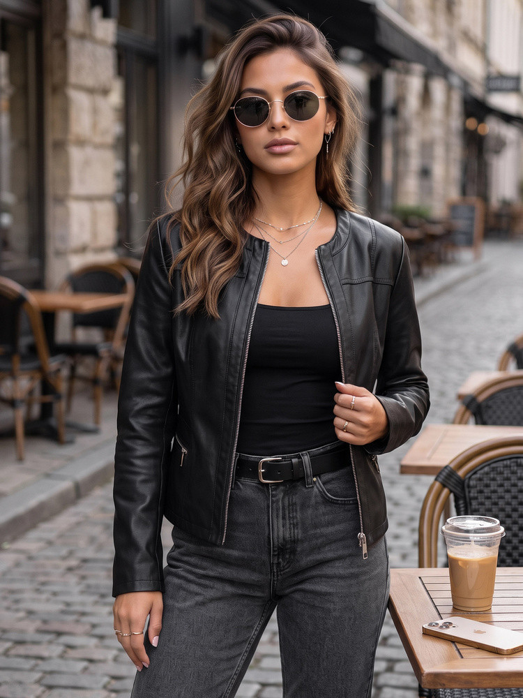 Dámská přiléhavá černá bunda z ekokůže FashionStreet TY5721 XL
