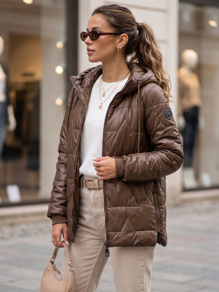 Dámská prošívaná přechodová bunda s kapucí, hnědá, FashionStreet TY5800 XXL