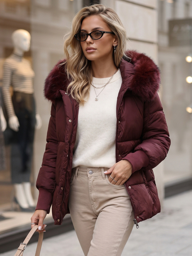 Dámská zimní prošívaná bunda s kapucí, vínová, FashionStreet TY6003 XXL