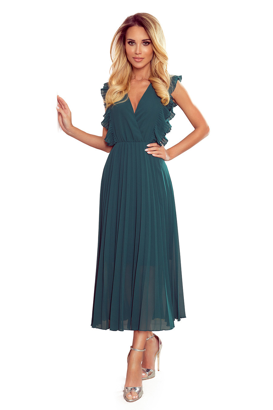 EMILY - Plisované dámské šaty v lahvově zelené barvě s volánky a výstřihem 315-1 XXL