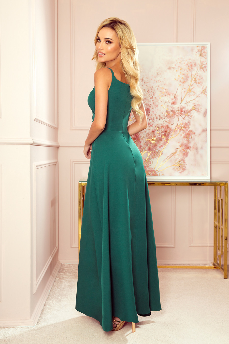 CHIARA - Elegantní dámské maxi šaty v lahvově zelené barvě na ramínkách 299-4 L