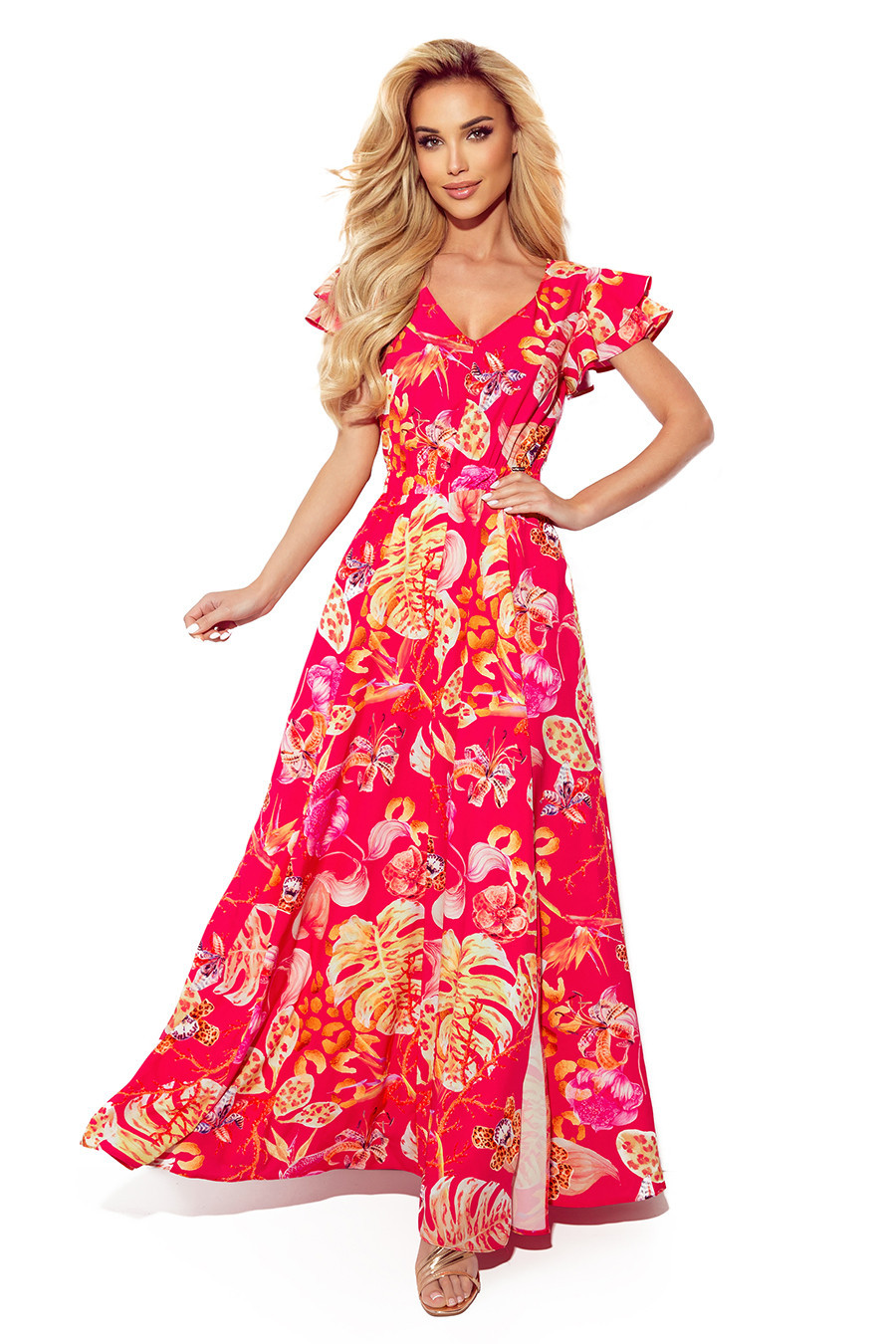 LIDIA - Růžové květované dlouhé dámské šaty s výstřihem a volánky 310-4 S