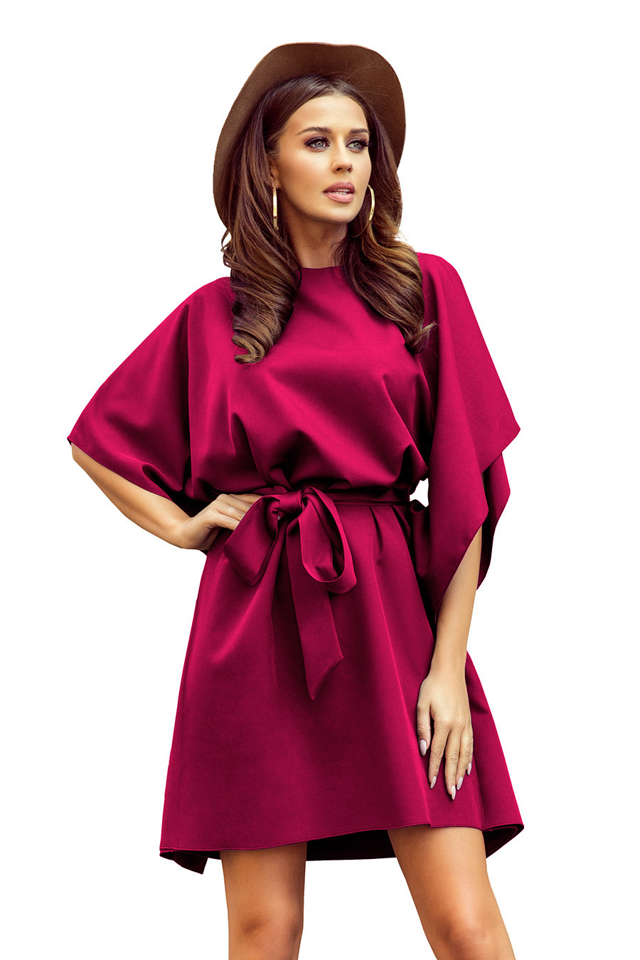 SOFIA - Dámské motýlkové šaty ve vínové bordó barvě se zavazováním v pase 287-18 2XL/3XL