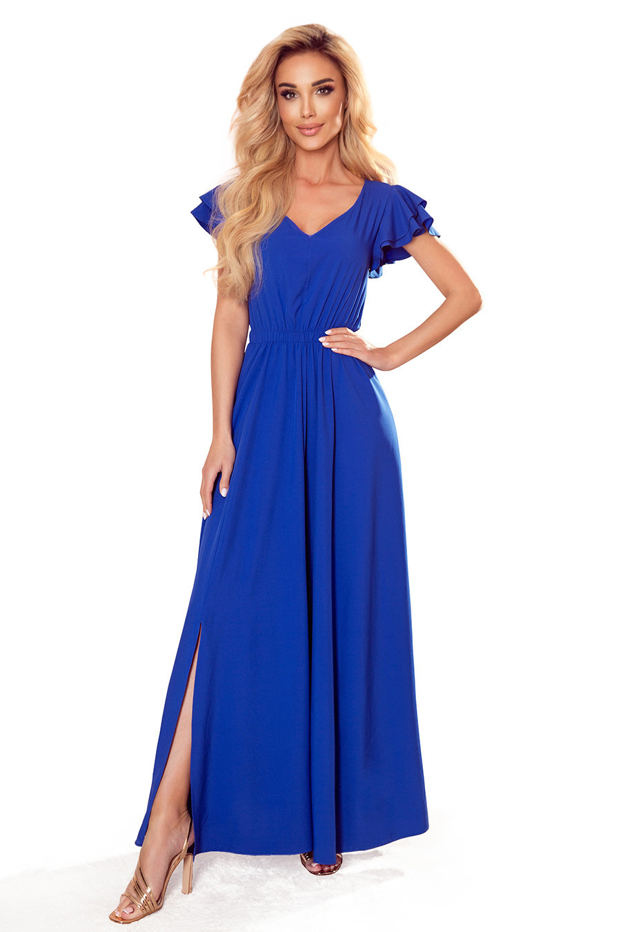 Dlouhé dámské šaty v chrpové barvě s výstřihem a volánky M model 17406216 - numoco