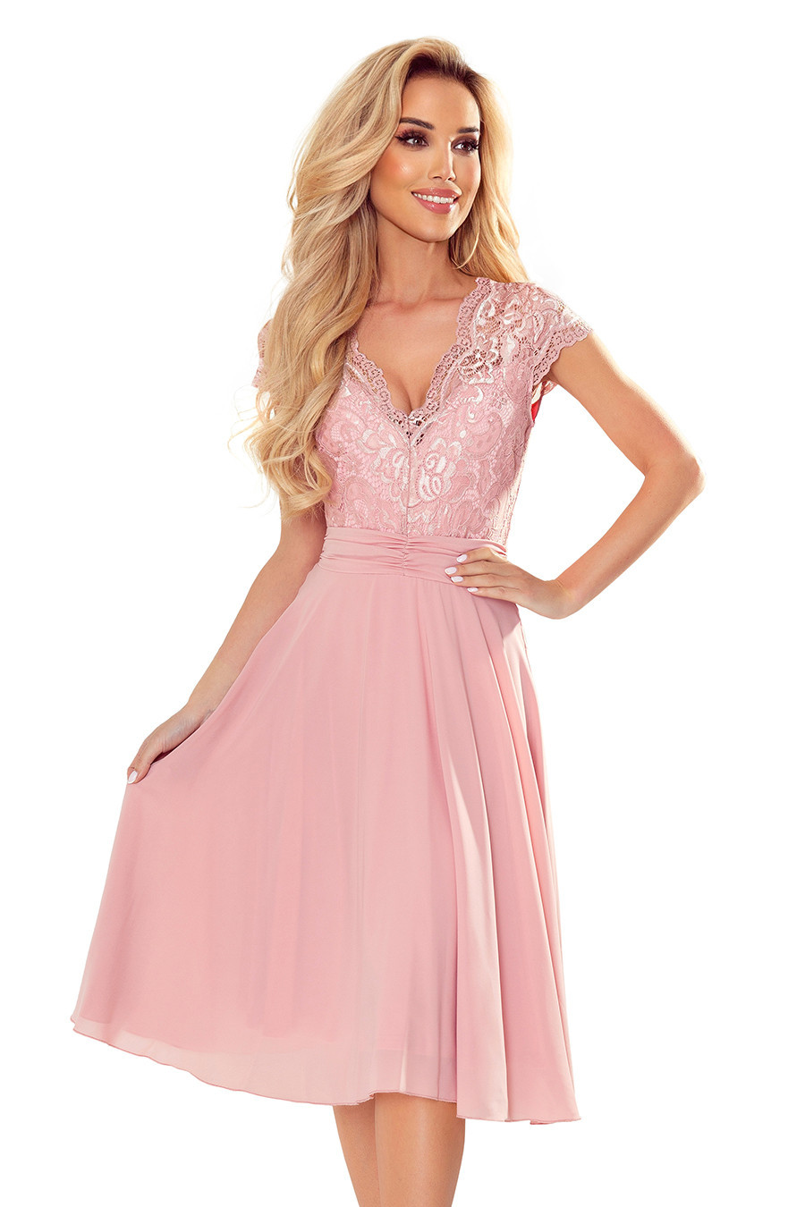 LINDA - Dámské šifonové šaty ve špinavě růžové barvě s krajkovým výstřihem 381-1 S
