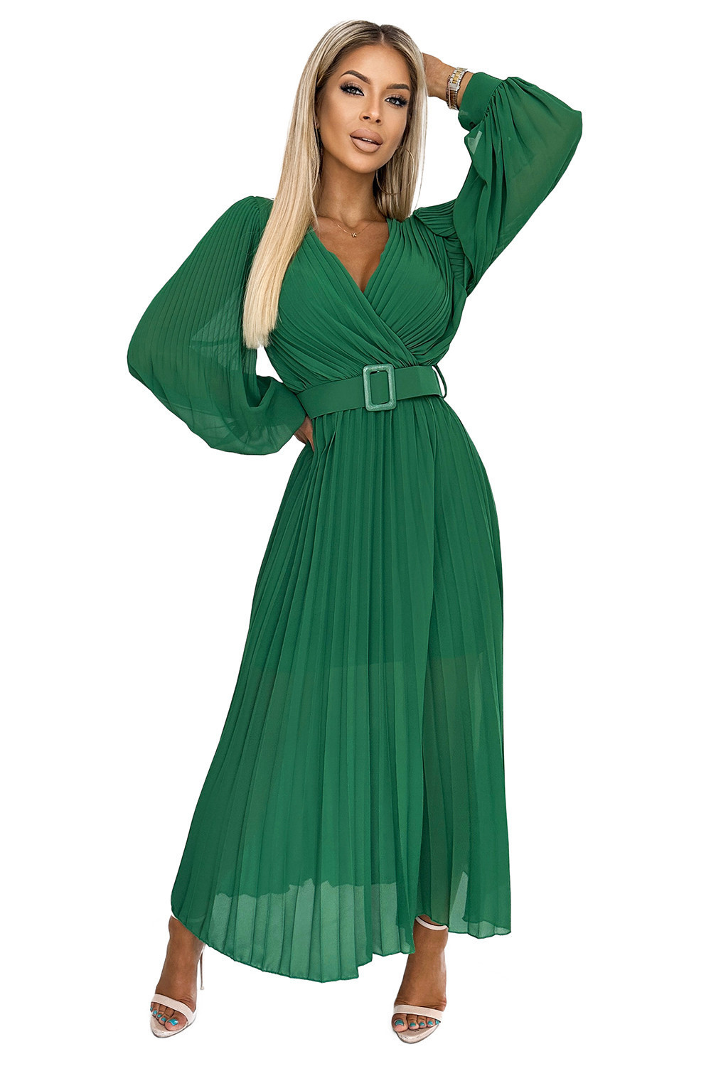KLARA - Světle zelené dámské plisované šaty s výstřihem a opaskem 414-3 UNI