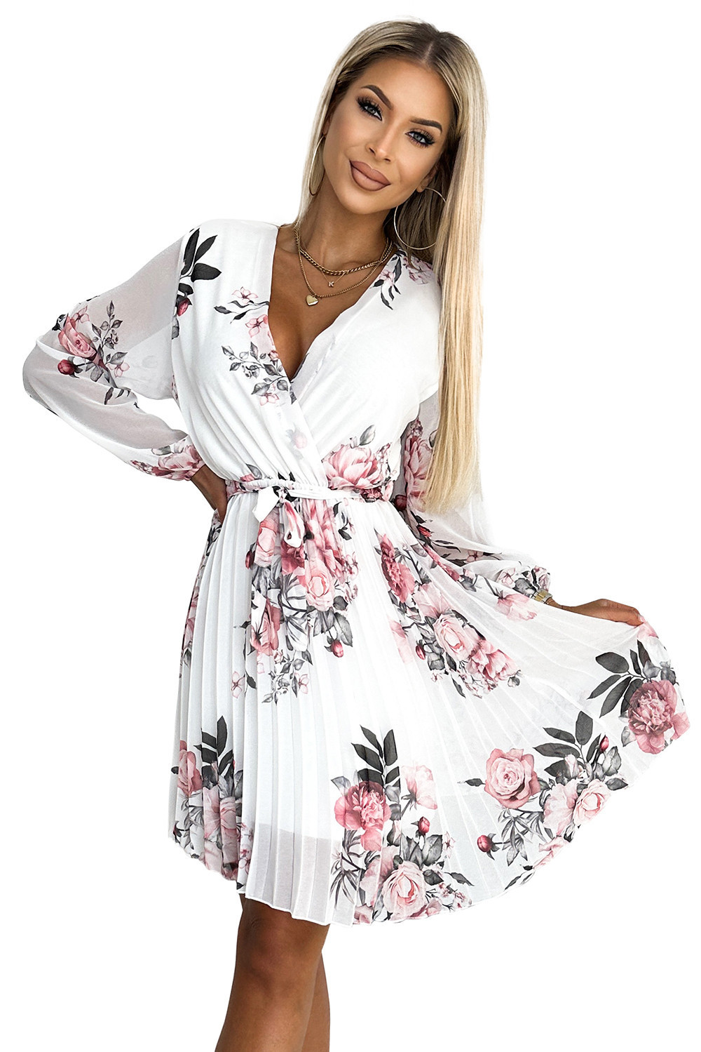 YSABEL - Bílé dámské plisované šaty se vzorem růží, výstřihem, dlouhými rukávy a páskem 415-2 UNI