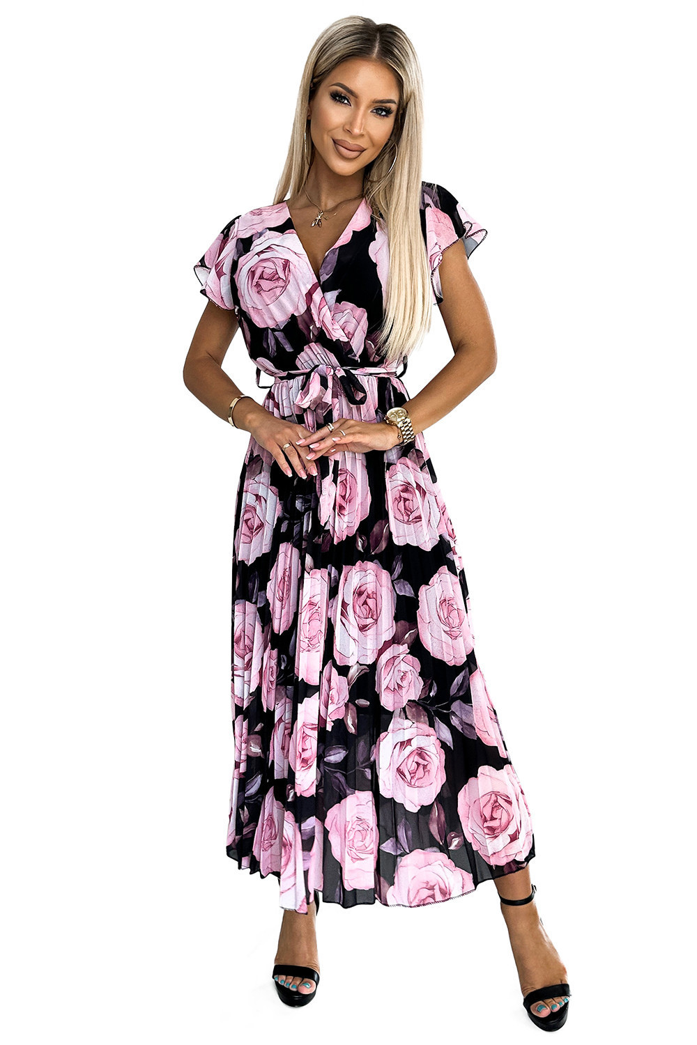 LISA - Plisované dámské midi šaty s výstřihem, volánky a se vzorem velkých růží na černém pozadí 434-3 UNI