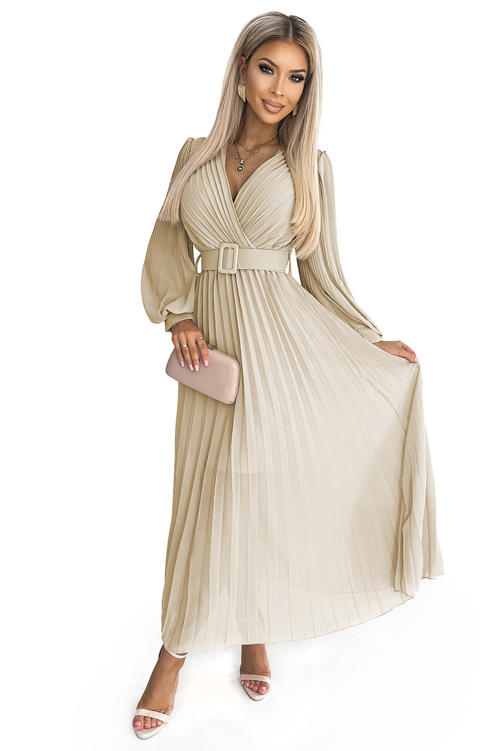 KLARA - Béžové dámské plisované šaty s opaskem a výstřihem 414-8 UNI