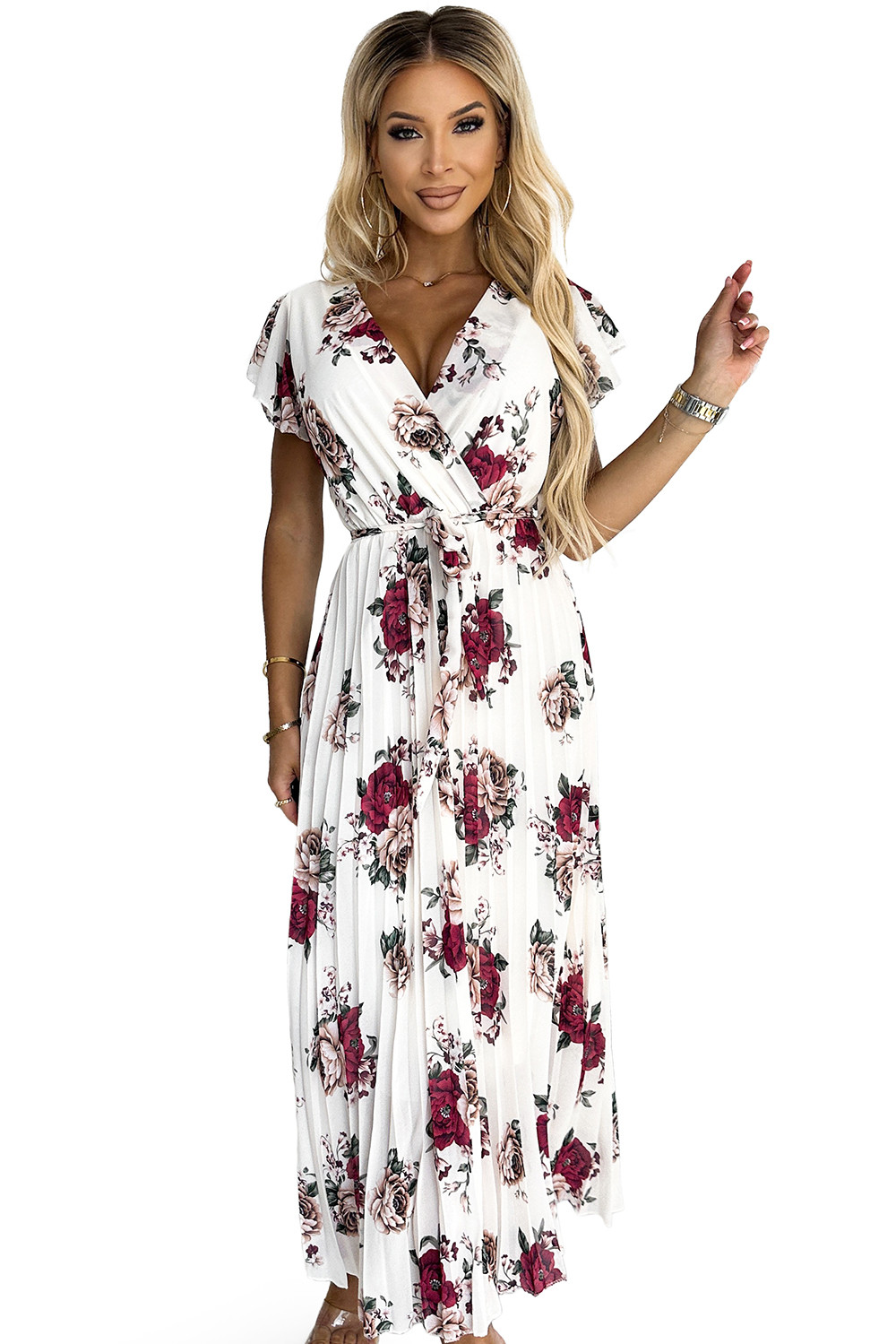 LISA - Dámské plisované midi šaty s výstřihem, volánky a se vzorem vínových bordó růží 434-7 UNI