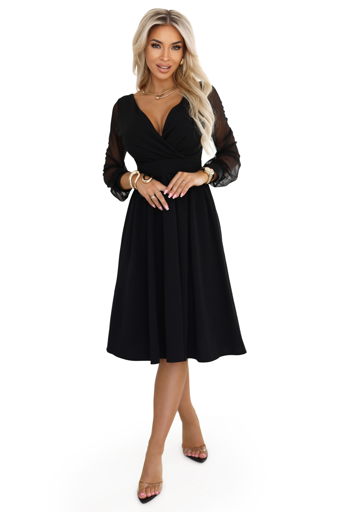 657-1 Elegantní midi šaty s obálkovým výstřihem a tylovými rukávy - černé L (obrázek 5)