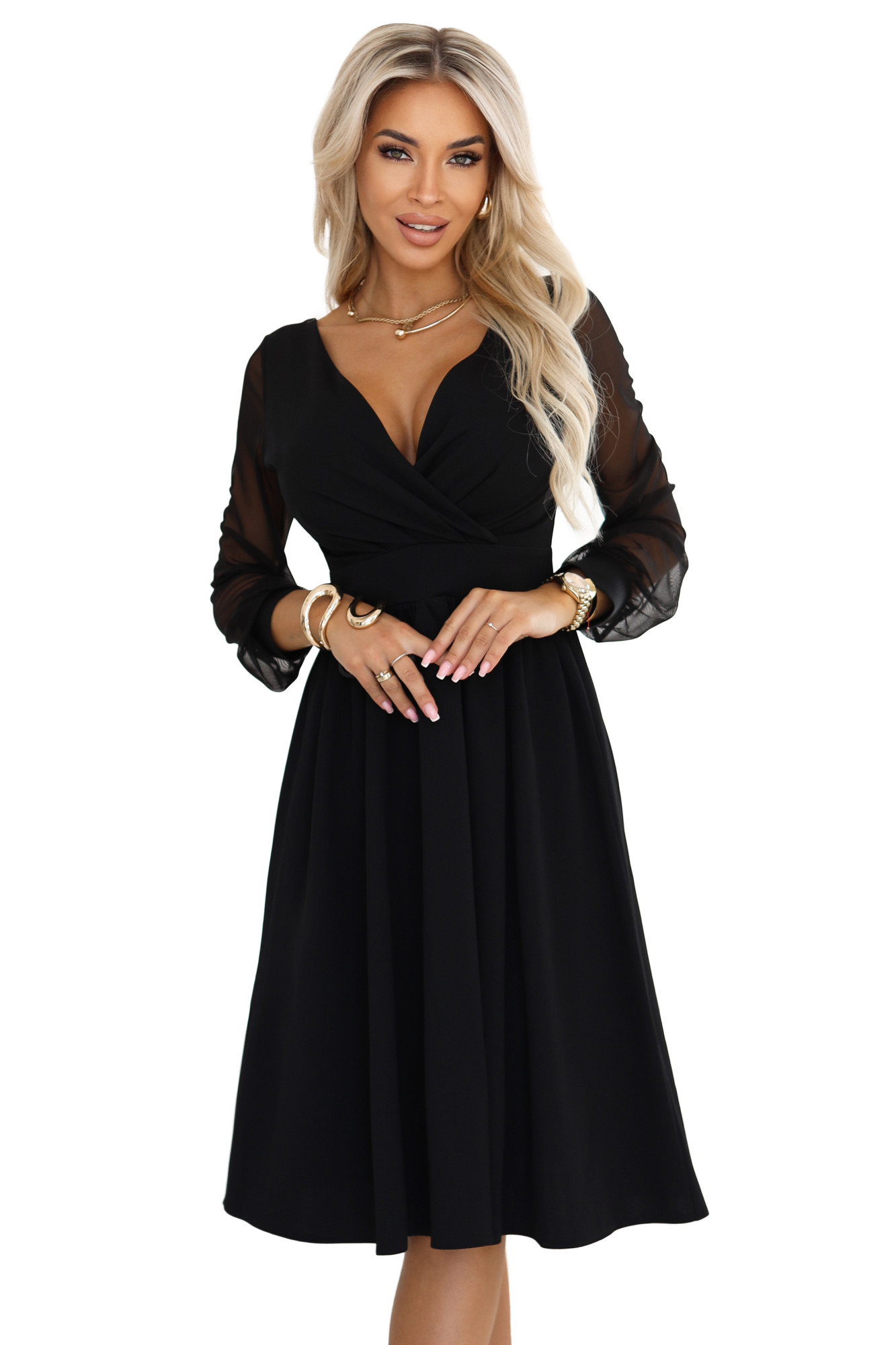 657-1 Elegantní midi šaty s obálkovým výstřihem a tylovými rukávy - černé L (obrázek 4)