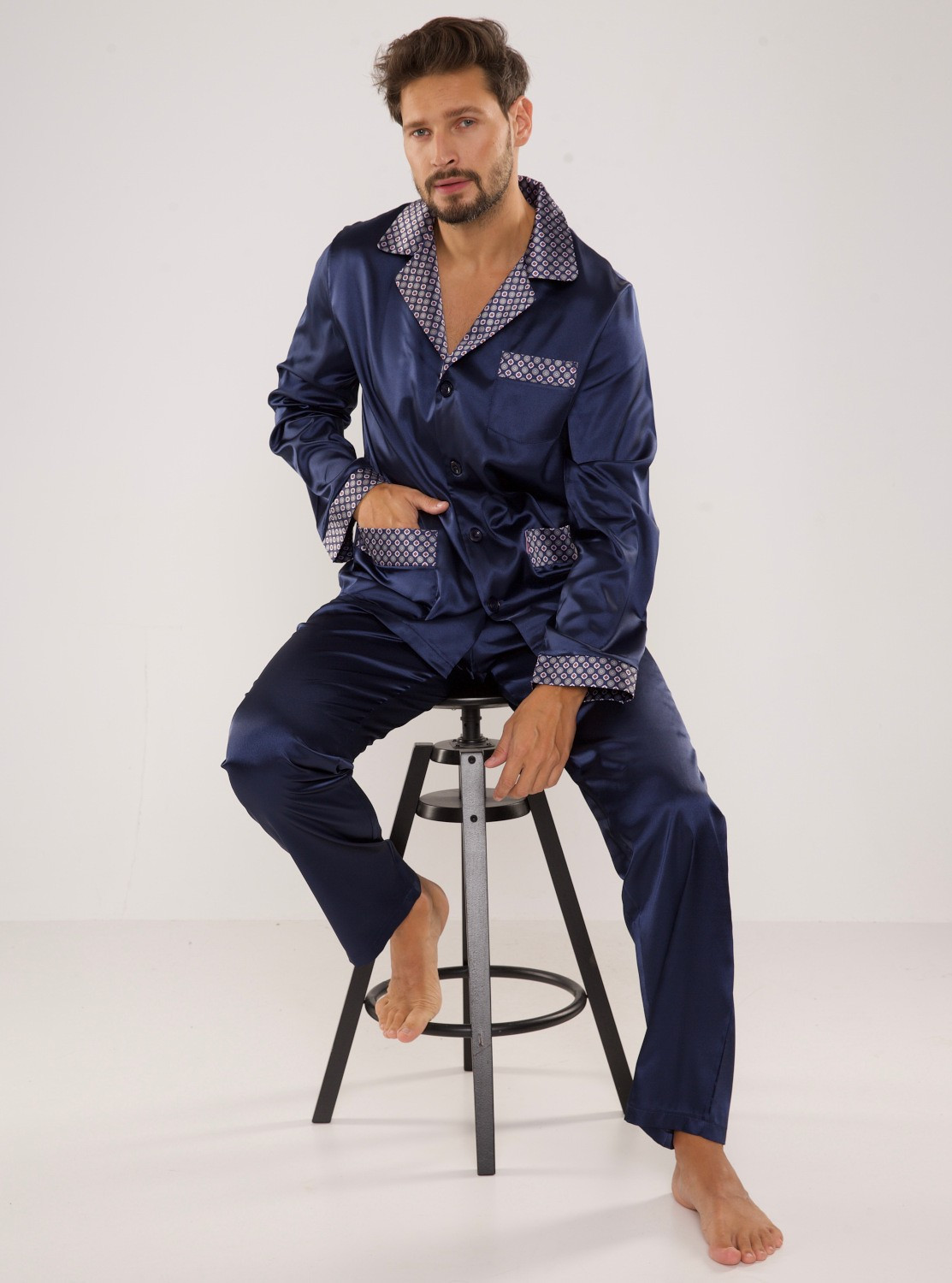 Pánské saténové pyžamo model 11329360 - De Lafense Barva: tmavě modrá, Velikost: M