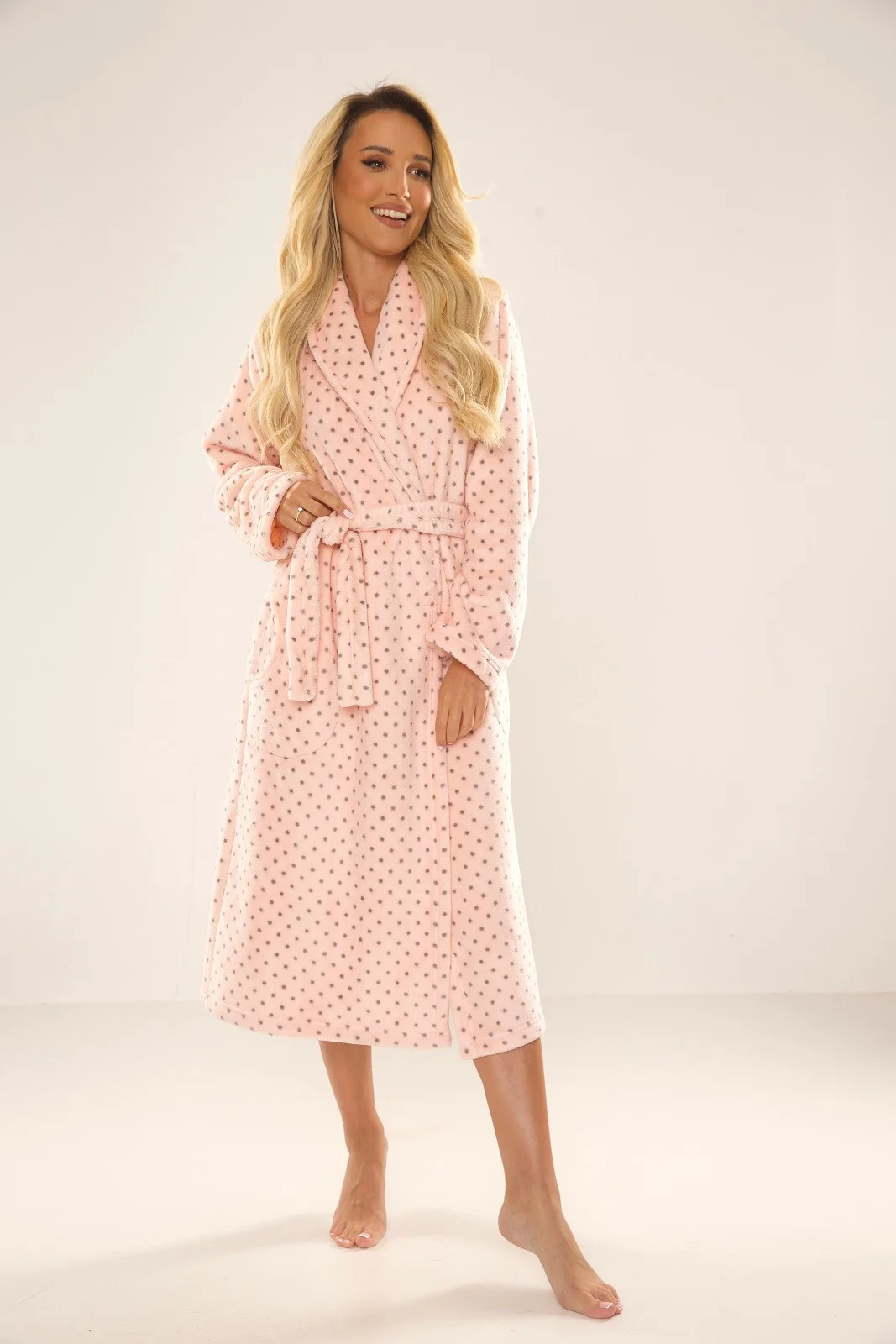 Dlouhý dámský župan De Lafense 548 Melanie S-2XL lososové tečky XL