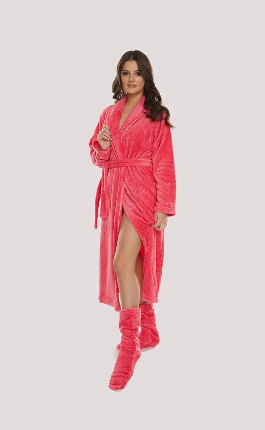 Dlhý dámsky župan De Lafense 548 Melanie S-2XL lososové tečky XL