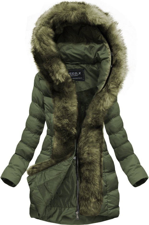 Dámská zimní prošívaná bunda v khaki barvě s kapucí (W749-1) khaki S (36)