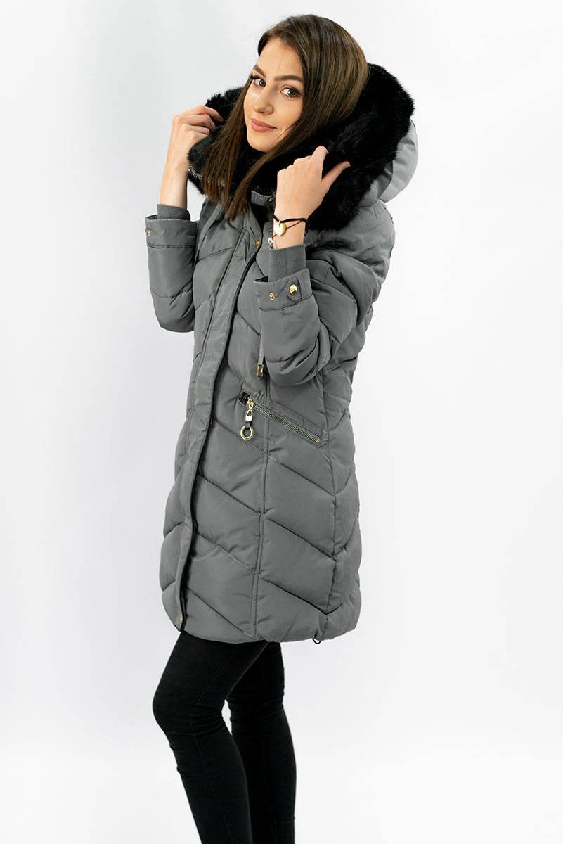 Šedá dámská prošívaná zimní bunda s kapucí (W732) odcienie szarości S (36)