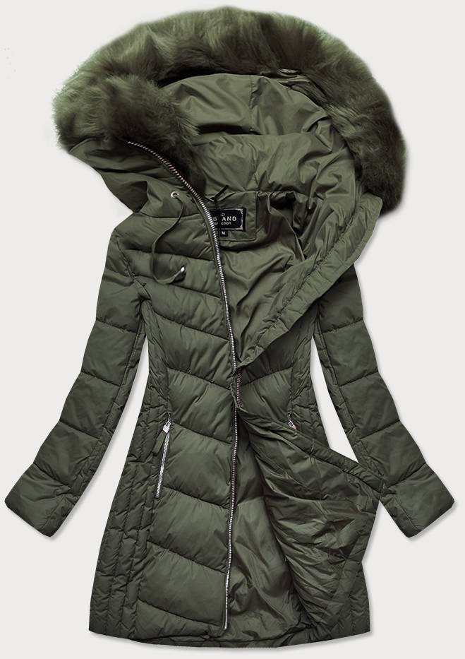Dlouhá dámská zimní prošívaná bunda v khaki barvě (7689) khaki S (36)