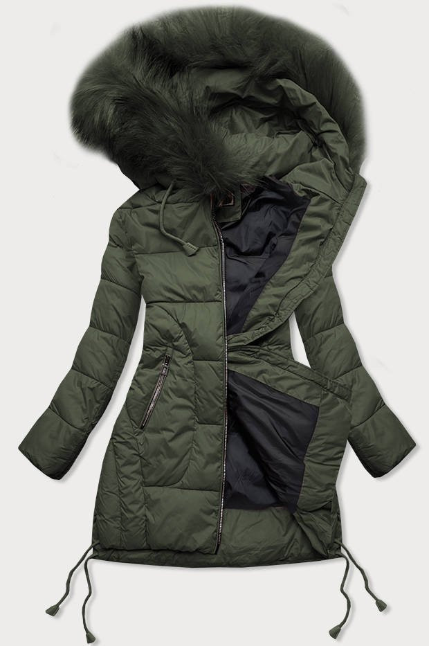 Dámská zimní prošívaná bunda v khaki barvě s kapucí (7690) khaki S (36)